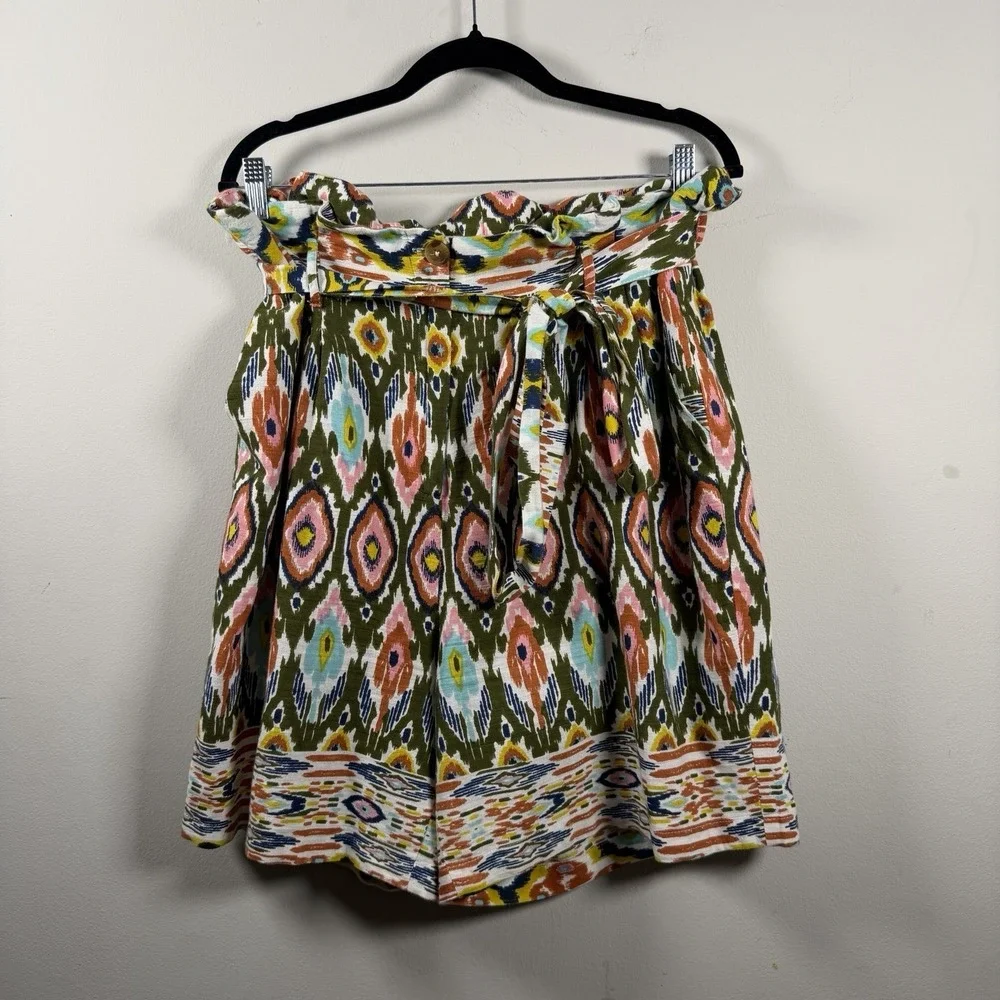 ASHLEY STEWART 14 PAPERBAG MULTICOLOR BELTED LINEN BLEND SHORTS Tie Waist Pocket
